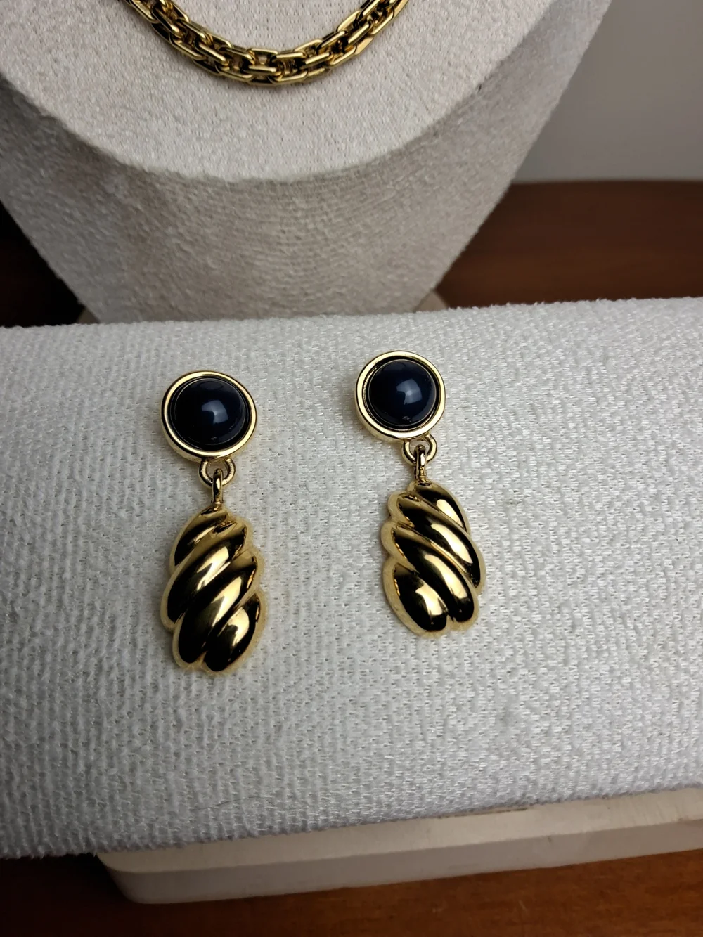 Monet Gold Tone Chain Necklace with Black Accent Drop Earrings